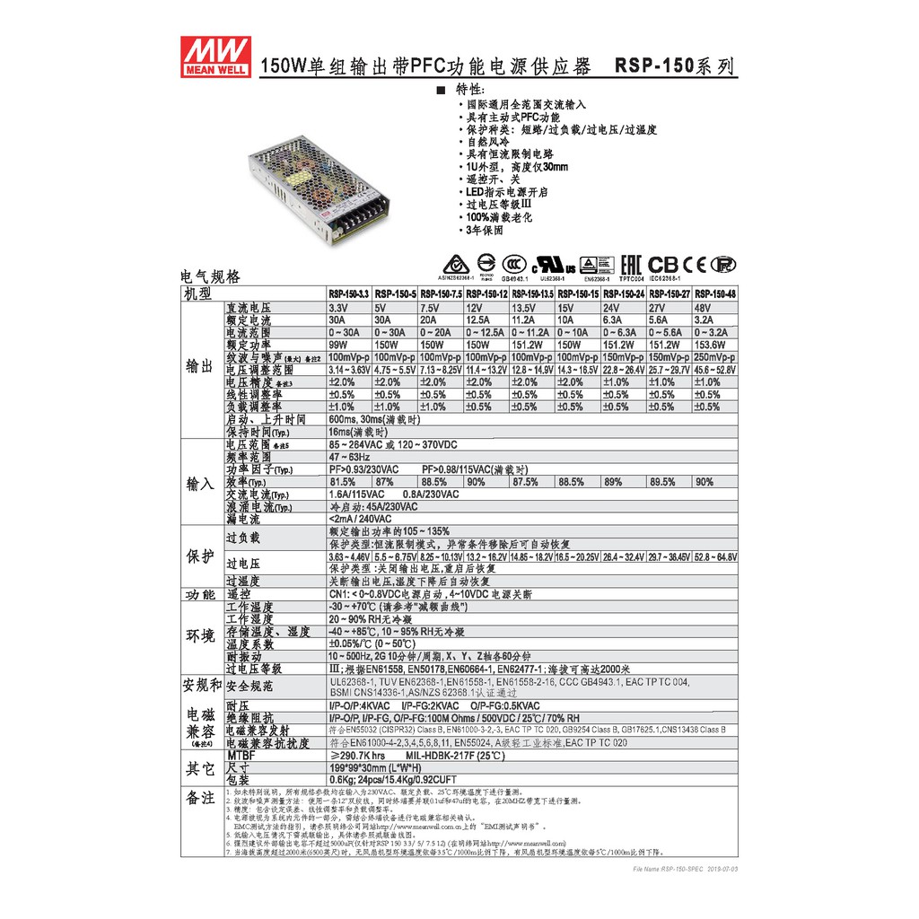 明緯 150W單組輸出電源供應器(RSP-150-24), , large