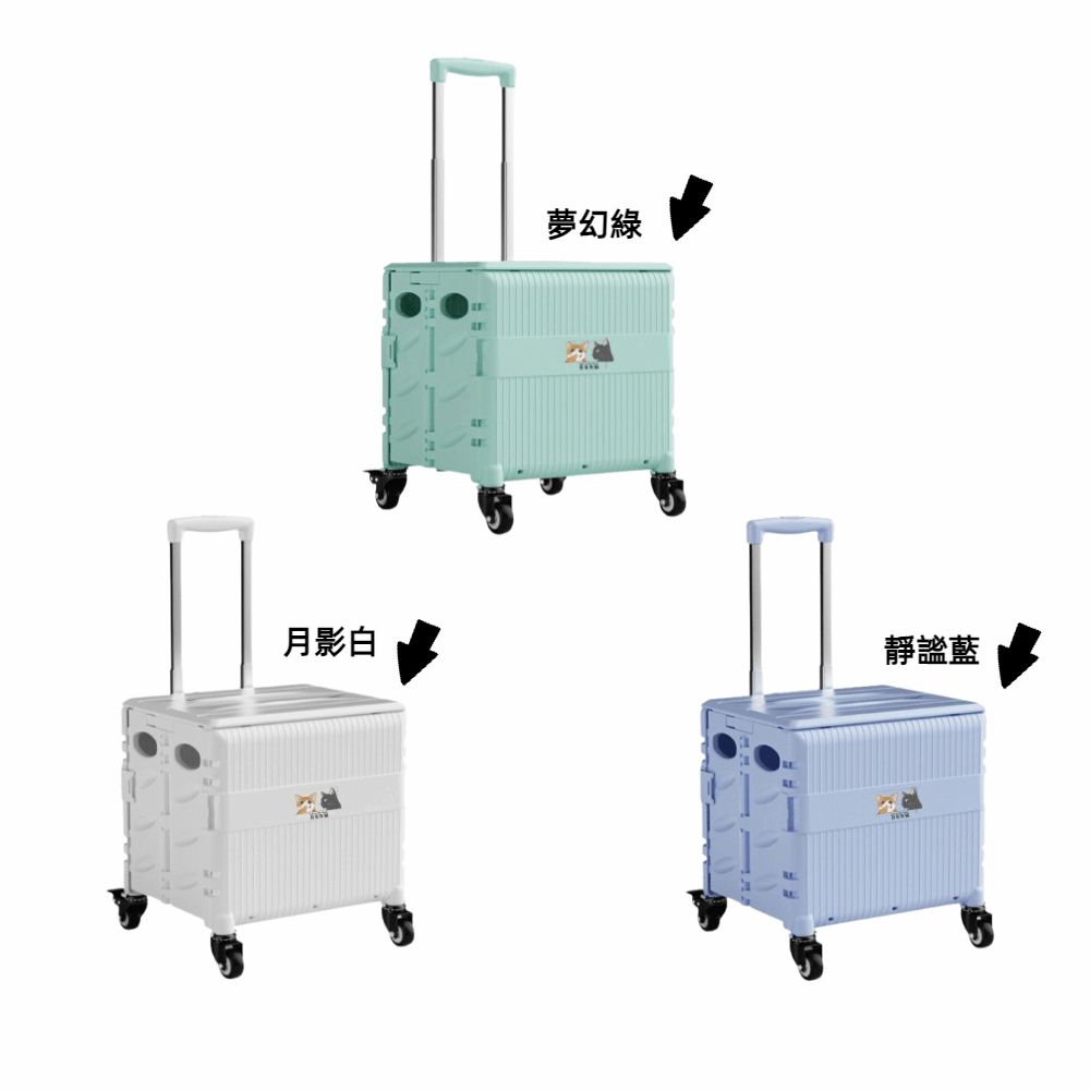 【A&R】吾家有貓多功能四輪折疊購物車 45L 夢幻綠 (萬向輪 摺疊 手拉車 收納車 拉桿 買菜 露營), , large
