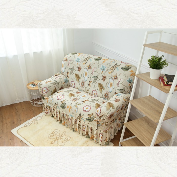 【格藍傢飾】涼感沙發套-迷蝶香 裙襬 抽繩專利 加大版 高品質 親膚透氣 冰絲沙發罩 沙發布套 彈力, , large