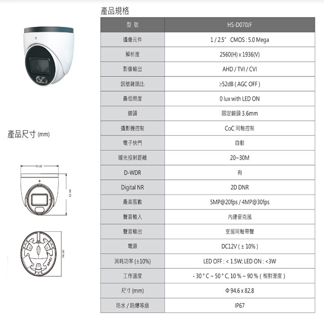 昌運監視器 昇銳 HS-D070JF 500萬 日夜全彩 紅外線半球攝影機 (新款HS-4IN1-D105DH出貨替代), , large