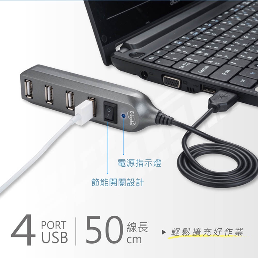 E-BOOK H17 1開4孔USB集線器 (贈USB轉Type C接頭) 隨插即用 省電設計, , large