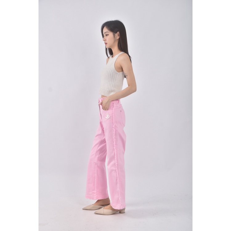 (2XL) jetezo丹寧牛仔質感棉質粉色長褲二手衣, , large
