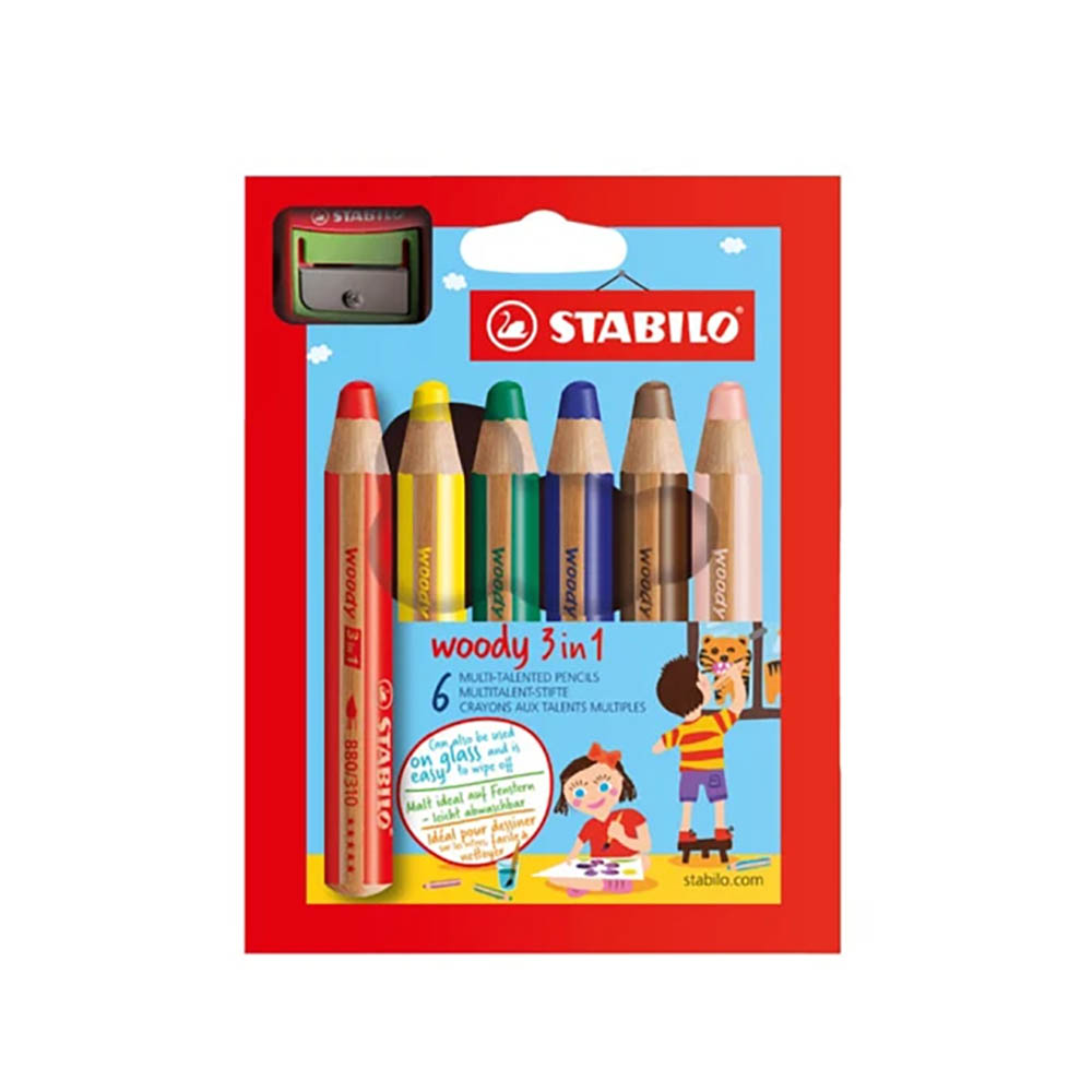 STABILO 德國 思筆樂 woody 3 in 1 伍迪樂三合一可水洗水彩粉蠟筆 附削筆器 6支組/盒 ST8806-2, , large