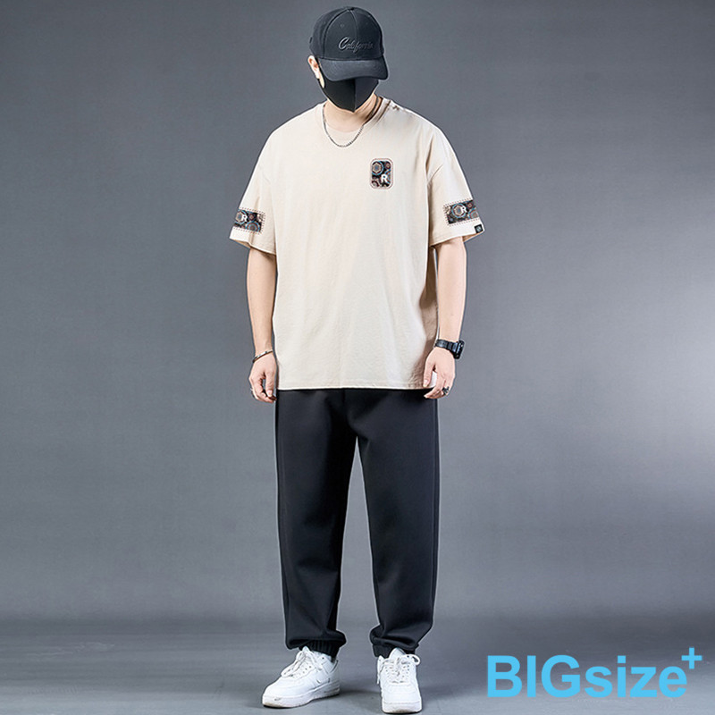 大尺碼-落肩 印花 T恤-黑/淺卡-0201070, , large