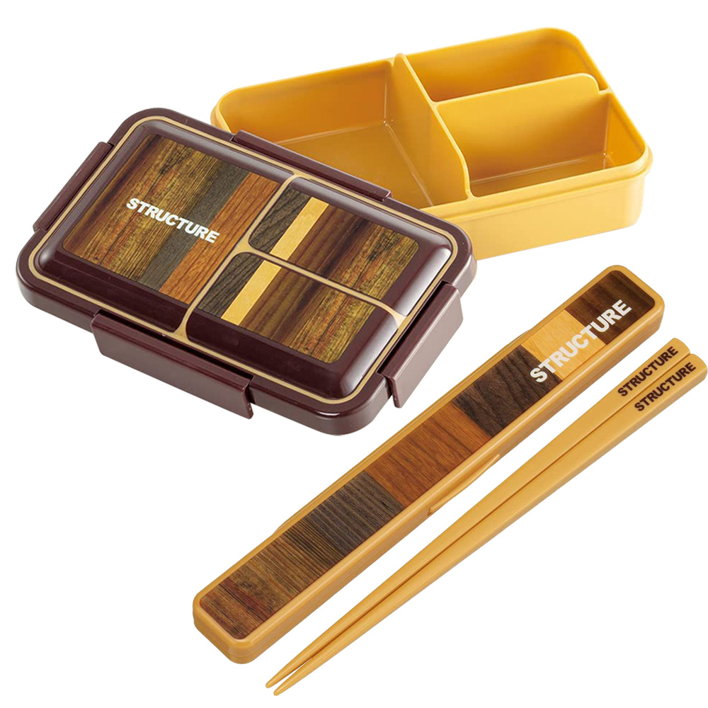 【百科良品】日本製元素 餐盒 辦公旅行通用 抗菌加工Ag+ 保鮮便當盒850ml+環保筷19.5cm-木紋風