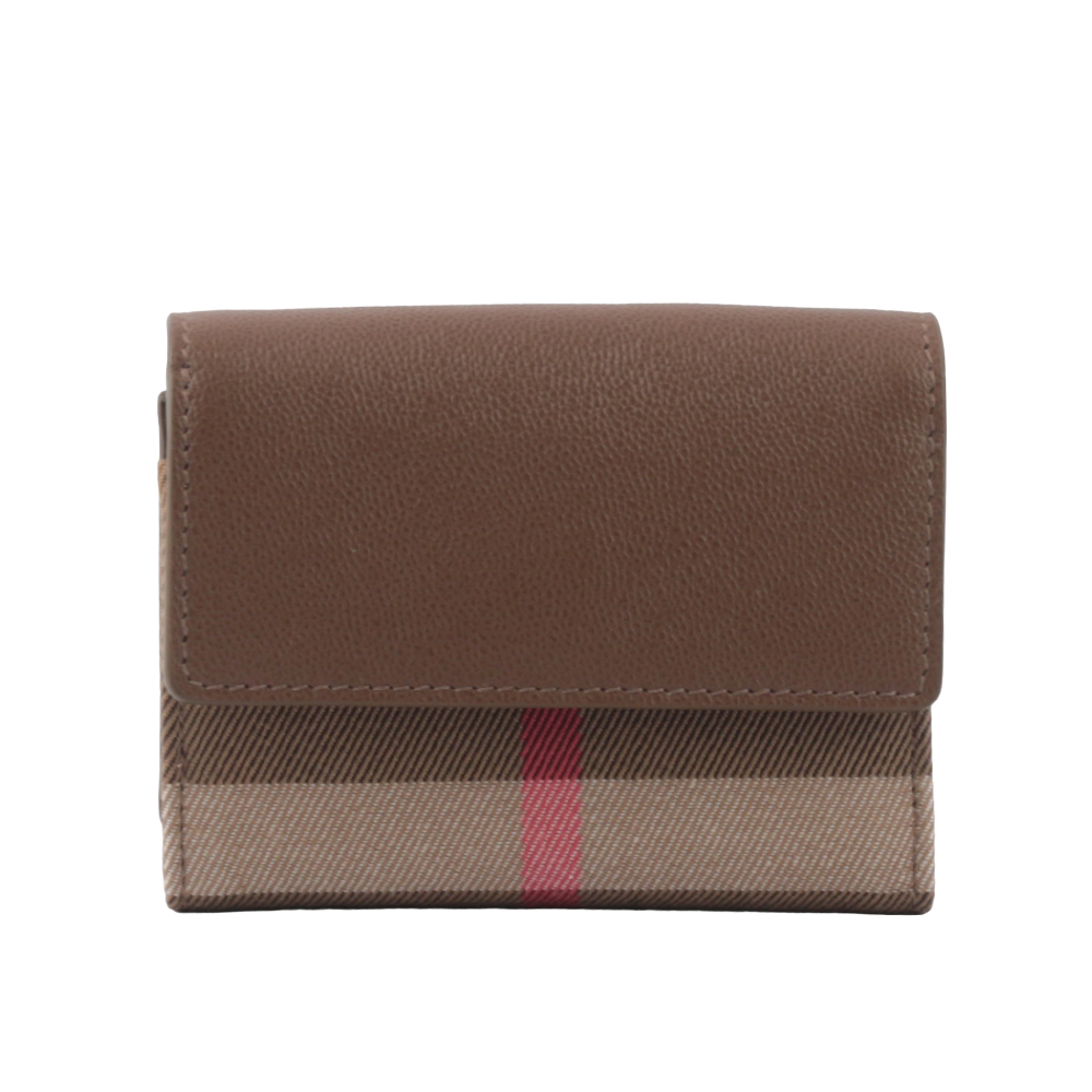 BURBERRY Lancaster 牛皮及帆布格紋三折短夾/土棕色/棕色, , large