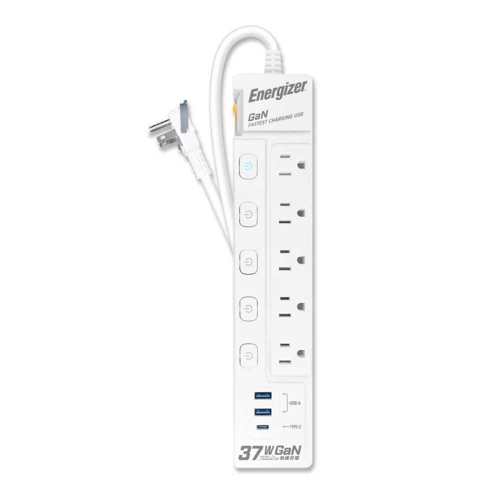 Energizer 勁量 氮化鎵Gan 37W 6開3孔5座 USB延長線 1.8米(2USB 1TYPEC 新安規 台灣製), , large
