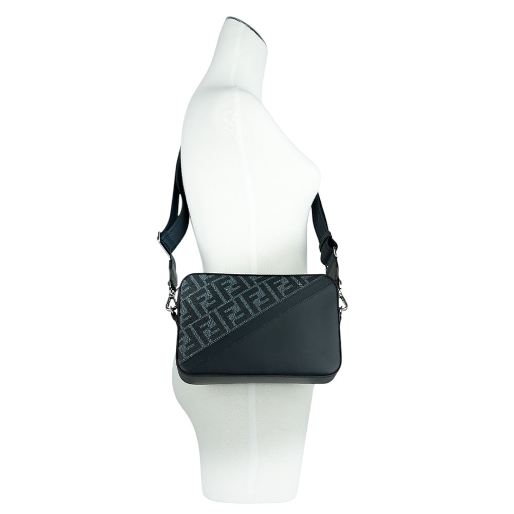 FENDI FF Logo 帆布拼牛皮相機斜背包/牛仔藍, , large