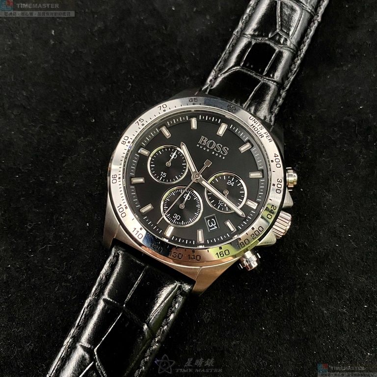 [星晴錶業]BOSS手錶,42mm,HB1513752黑色錶面銀錶殼深黑色真皮皮革錶帶款, , large