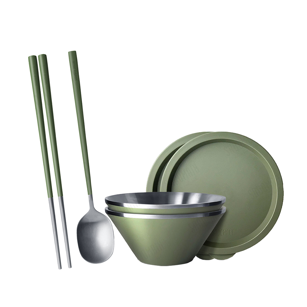 仙德曼雙層304不鏽鋼笠形湯碗-附蓋-20cm-2入-霧綠+316不鏽鋼餐具組-4套入
