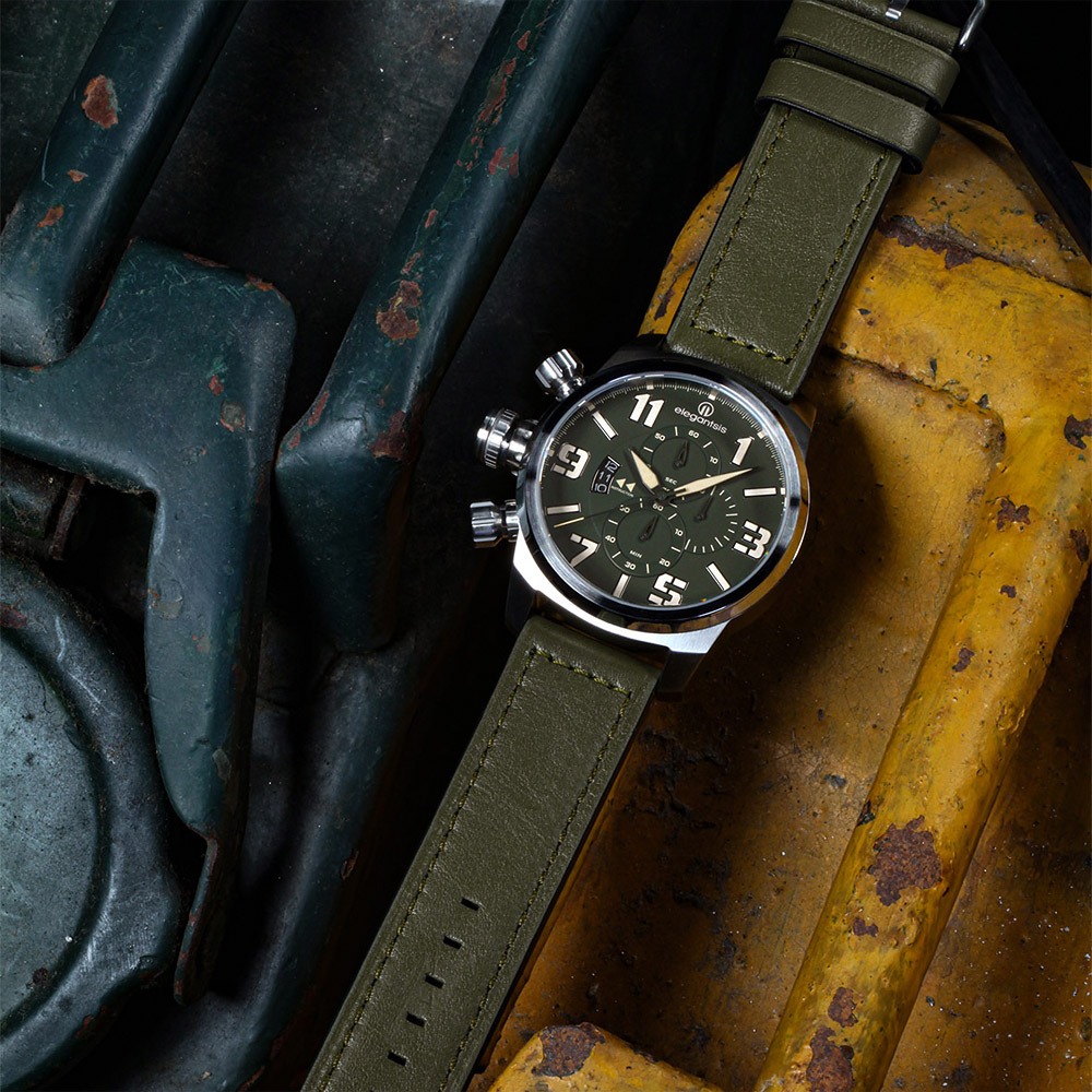 elegantsis 愛樂時 JF48QS-陸海空三軍大錶徑三眼計時手錶-陸軍綠/48mm ELJF48QS-OG05L, , large