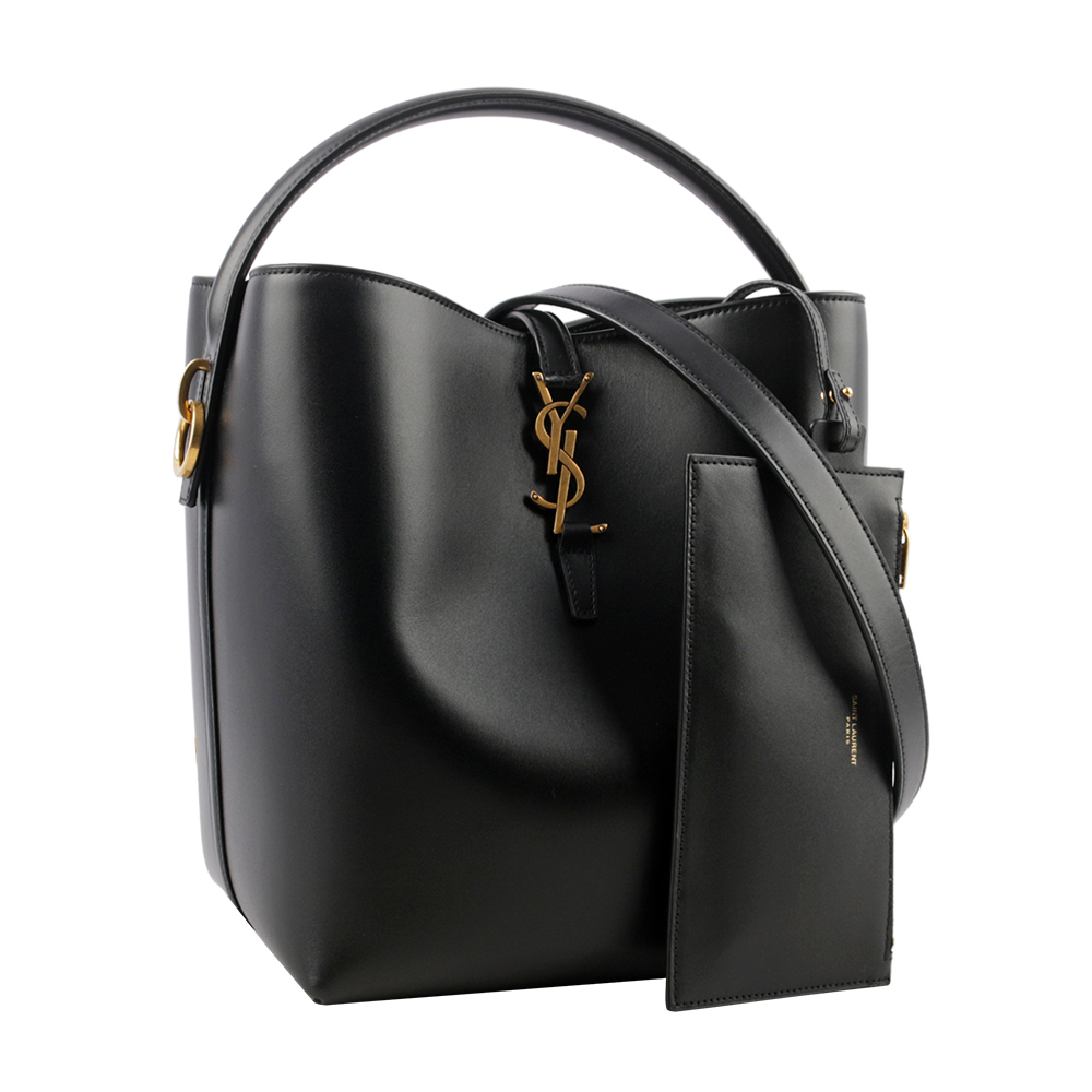 YSL LE 37 金釦小牛皮二用水桶包/黑色, , large