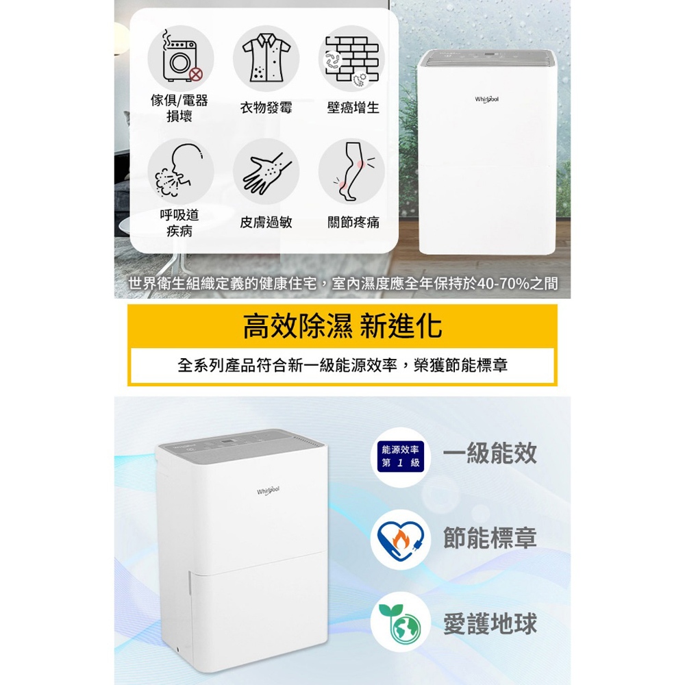 Whirlpool 惠而浦 10L 一級能效 高效節能除濕機 WDEE10TW, , large