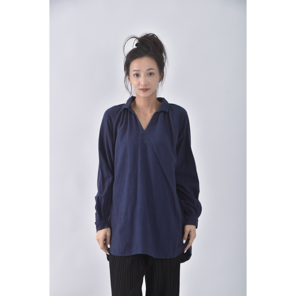 (M) 質感棉質純棉藍色長袖上衣二手衣, , large