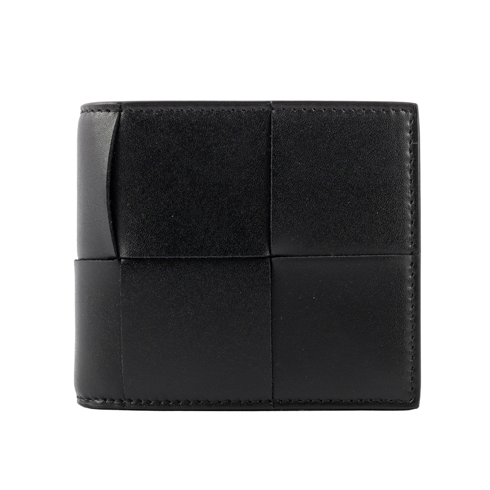 BOTTEGA VENETA 新款小牛皮大格編織對開零錢袋短夾/黑色, , large