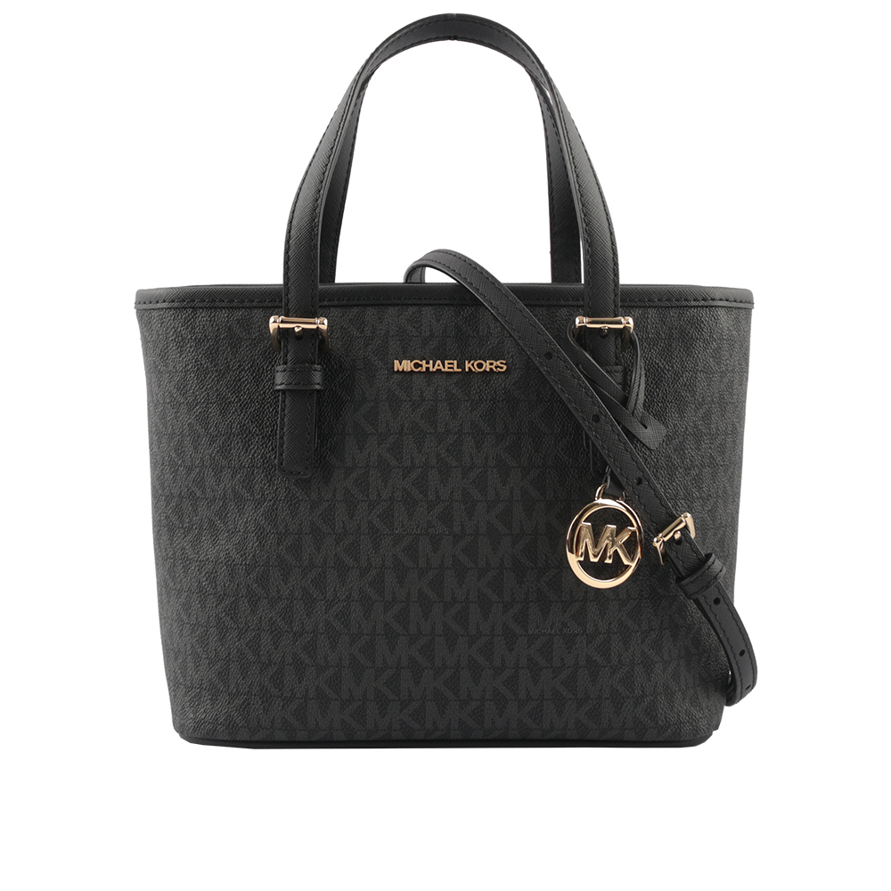Michael Kors 滿版圓形Logo 塗層帆布小款托特包(黑色), , large