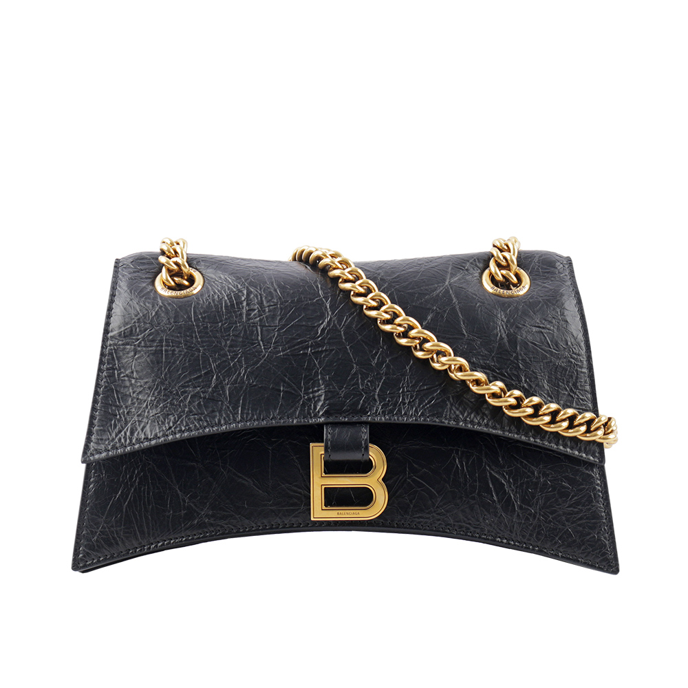 BALENCIAGA CRUSH 金釦皺褶小牛皮二用包/黑色, , large