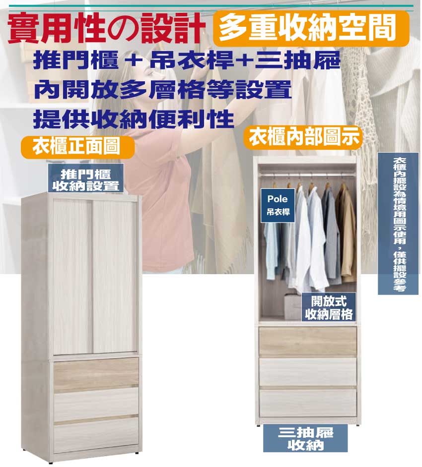 【文創集】寶亞2.7尺推門三抽衣櫃(客約商品), , large