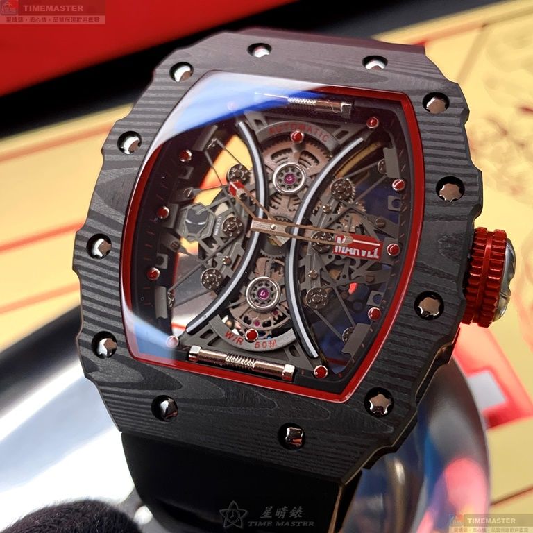 [星晴錶業]MARVEL手錶,44mm, 50mm,MARV001雙面機械鏤空錶面黑錶殼深黑色矽膠錶帶款, , large