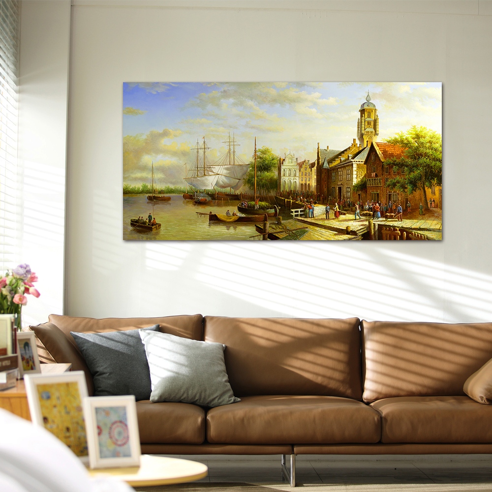 【御畫房】商貿市集 國家一級畫師手繪油畫60×120cm(VF-142), , large