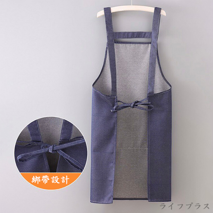 H肩帶牛仔四口圍裙-80*70cm-深藍色-4件, , large