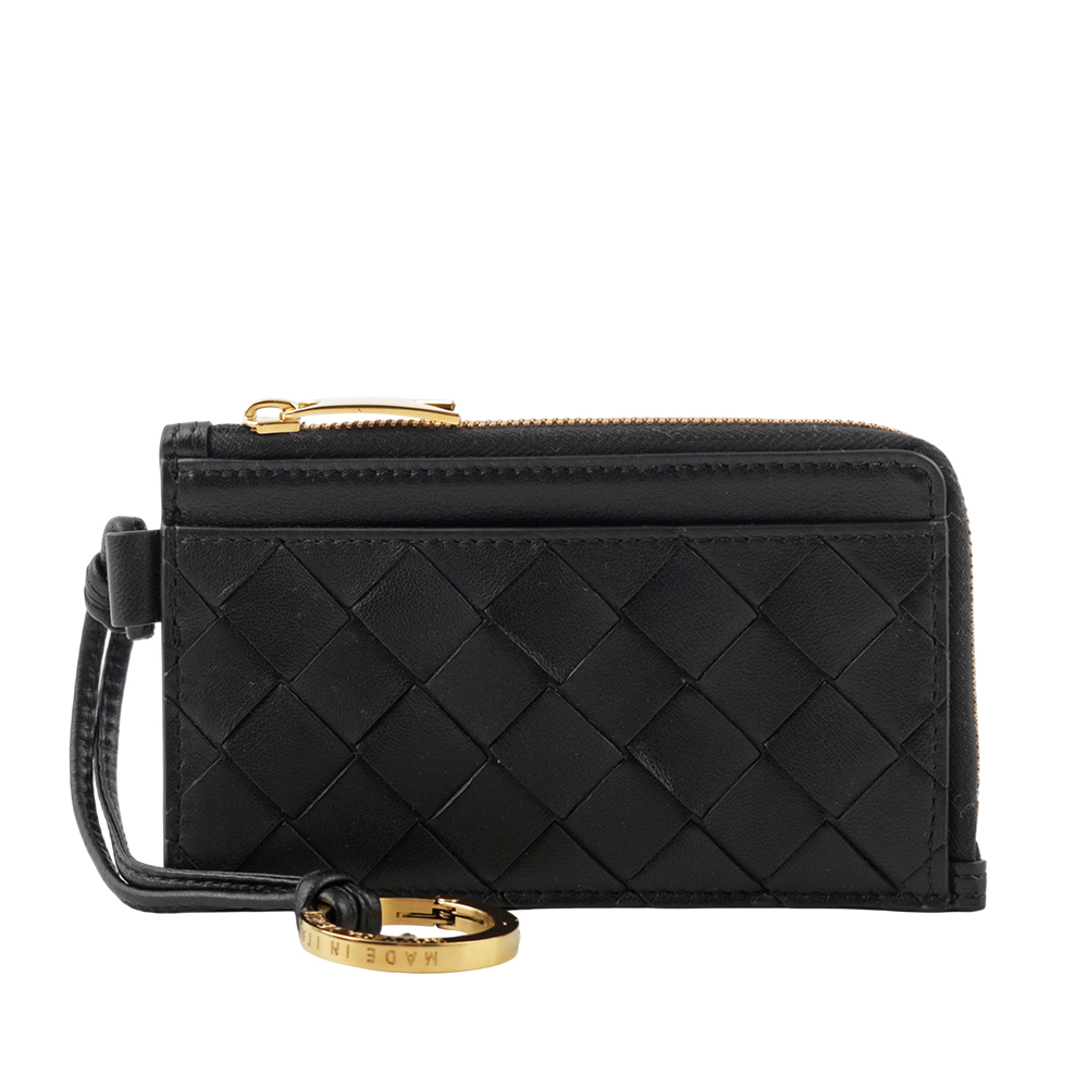 BOTTEGA VENETA L 型金色拉鍊小羊皮編織附鑰匙釦卡包/零錢包/黑色