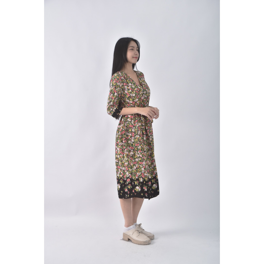 (S) zara質感印花綠色綁帶洋裝二手衣, , large