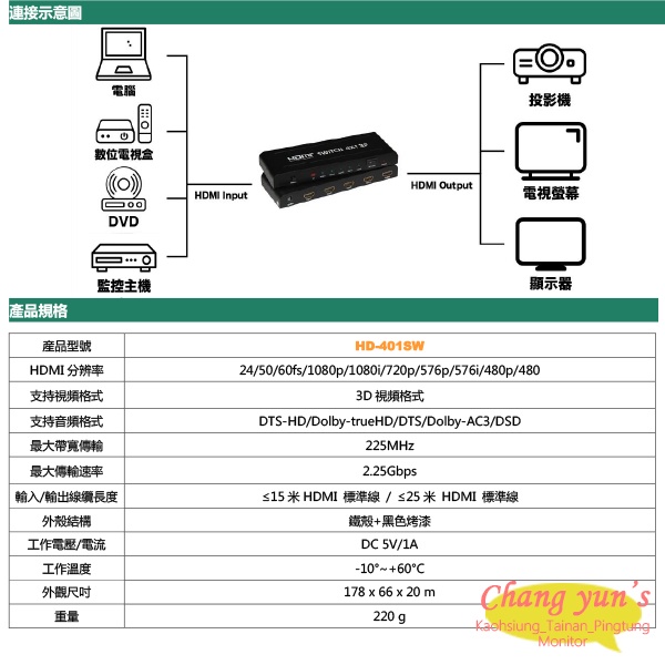 昌運監視器 HD-401SW 4K HDMI四進一出影像切換器, , large