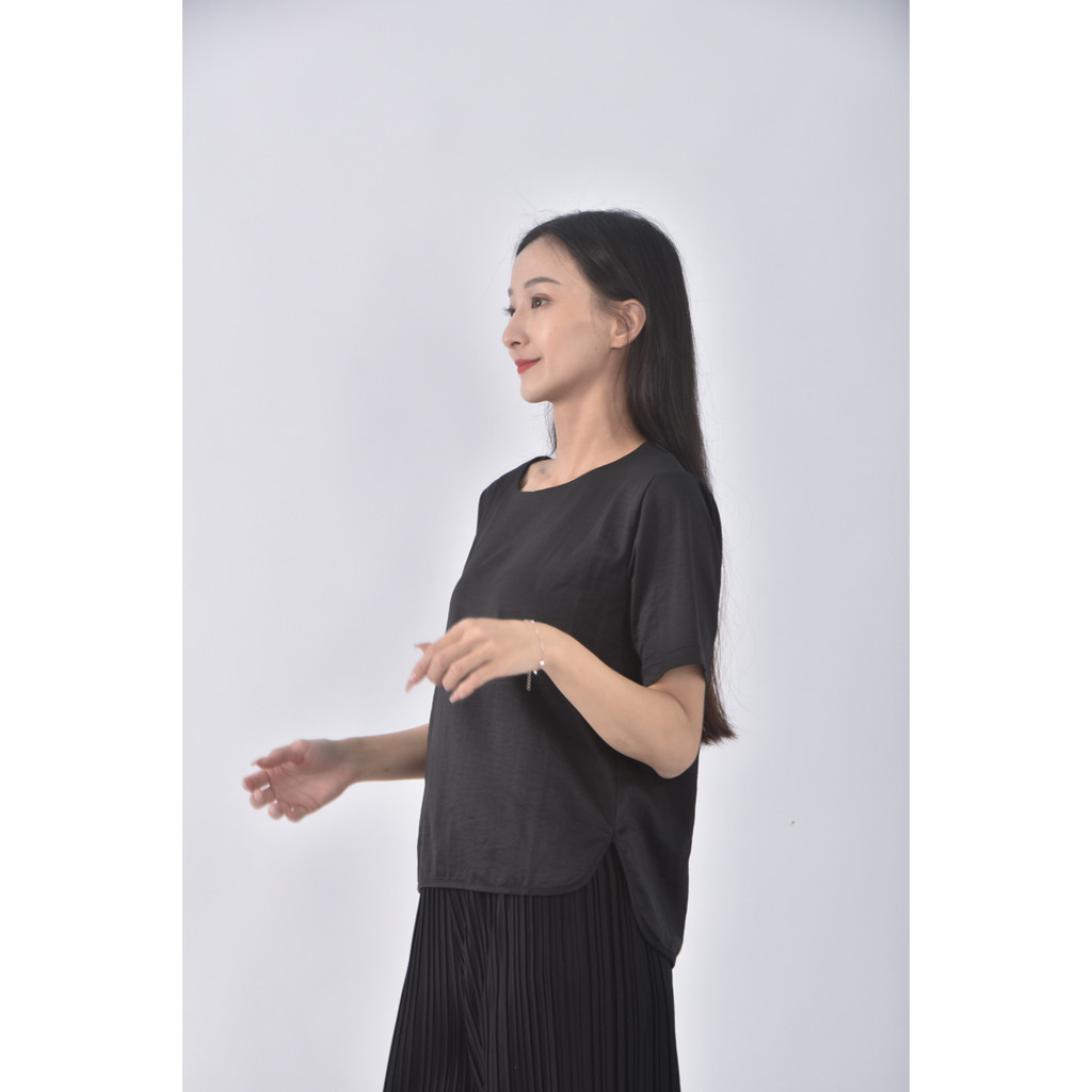 (L) lace girl圓領黑色短袖上衣二手衣, , large