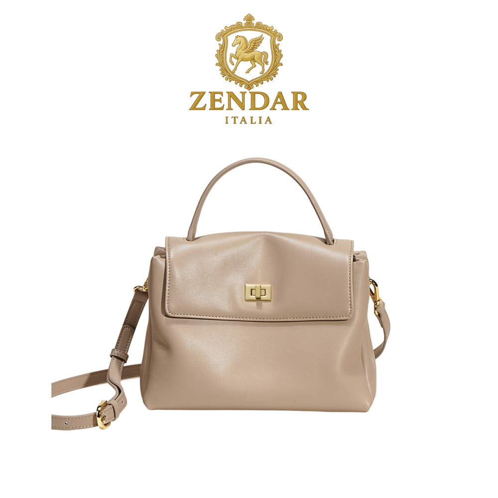 【ZENDAR】限量1折 頂級小牛皮肩背包手提包 喬伊系列 全新專櫃展示品(奶杏色), , large