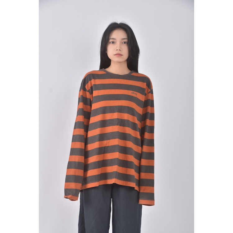 (M) 【智恩私服】stussy質感棉質純棉條紋橘色長袖上衣二手衣, , large