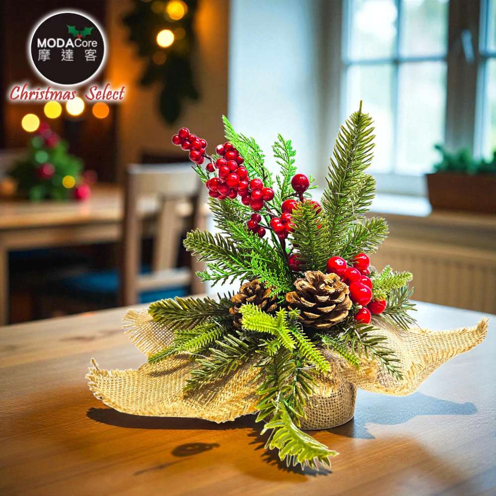 摩達客-25cm聖誕裝飾花盆擺飾-松果紅果款-交換禮物耶誕派對推薦, , large