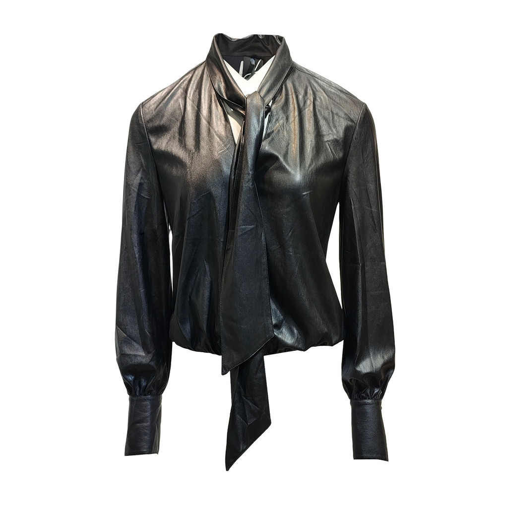 PINKO黑色領綁帶長袖上衣, , large