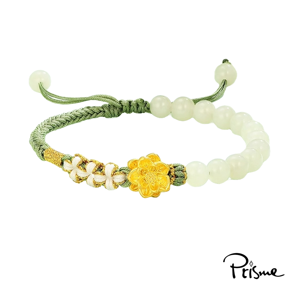 【Prisme Gold】黃金手鍊 蓮花 綠珠編織手鍊 (金重：約0.07錢±0.03), , large
