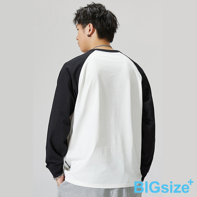大尺碼-插肩拼接長袖T恤-黑白-0201125, , large