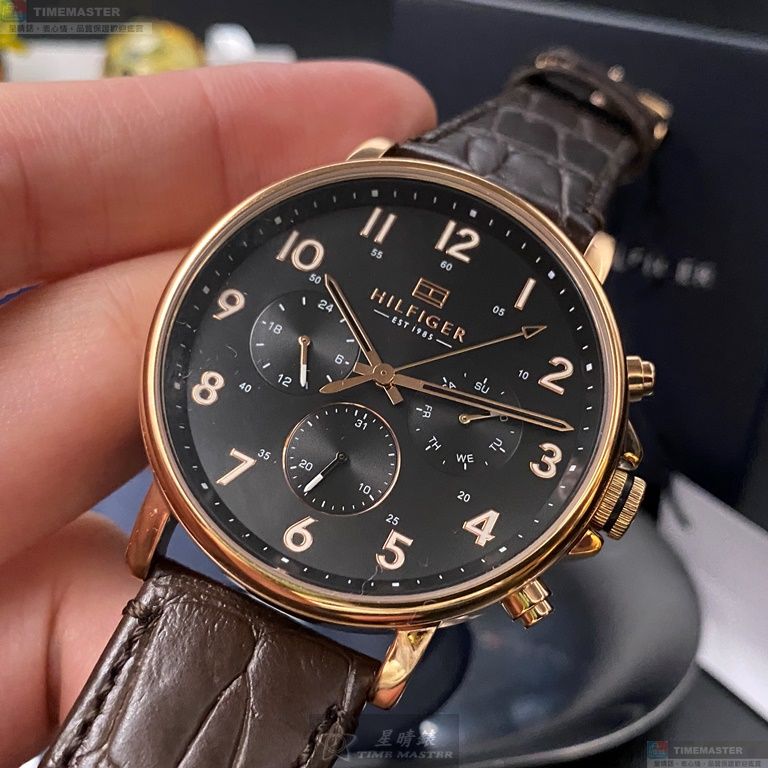 [星晴錶業]TommyHilfiger手錶,44mm,TH00003黑色錶面玫瑰金錶殼咖啡色真皮皮革錶帶款, , large