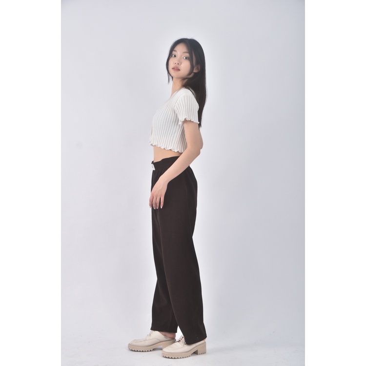 (M) guir 7高腰質感棉質坑紋棕色長褲二手衣, , large