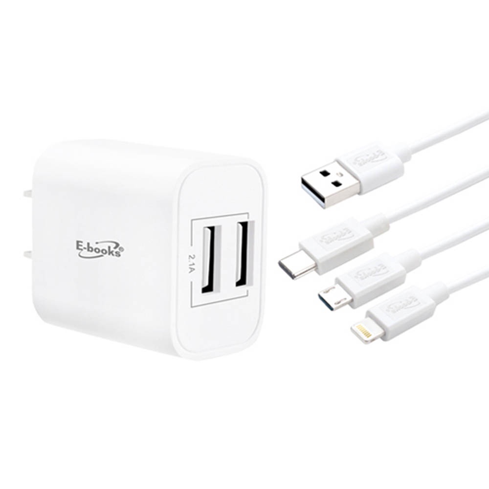 E-BOOKS B66 雙孔USB快速充電器 + 贈三合一充電線 支援多設備同時充電, , large