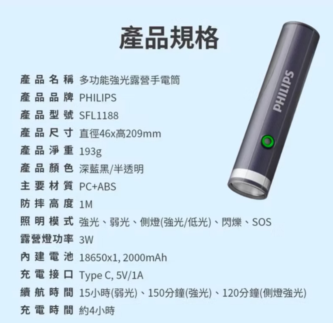 【Leo手機周邊專賣店】PHILIPS飛利浦  充電式強光手電筒 / SFL1181  /  露營強化款, , large