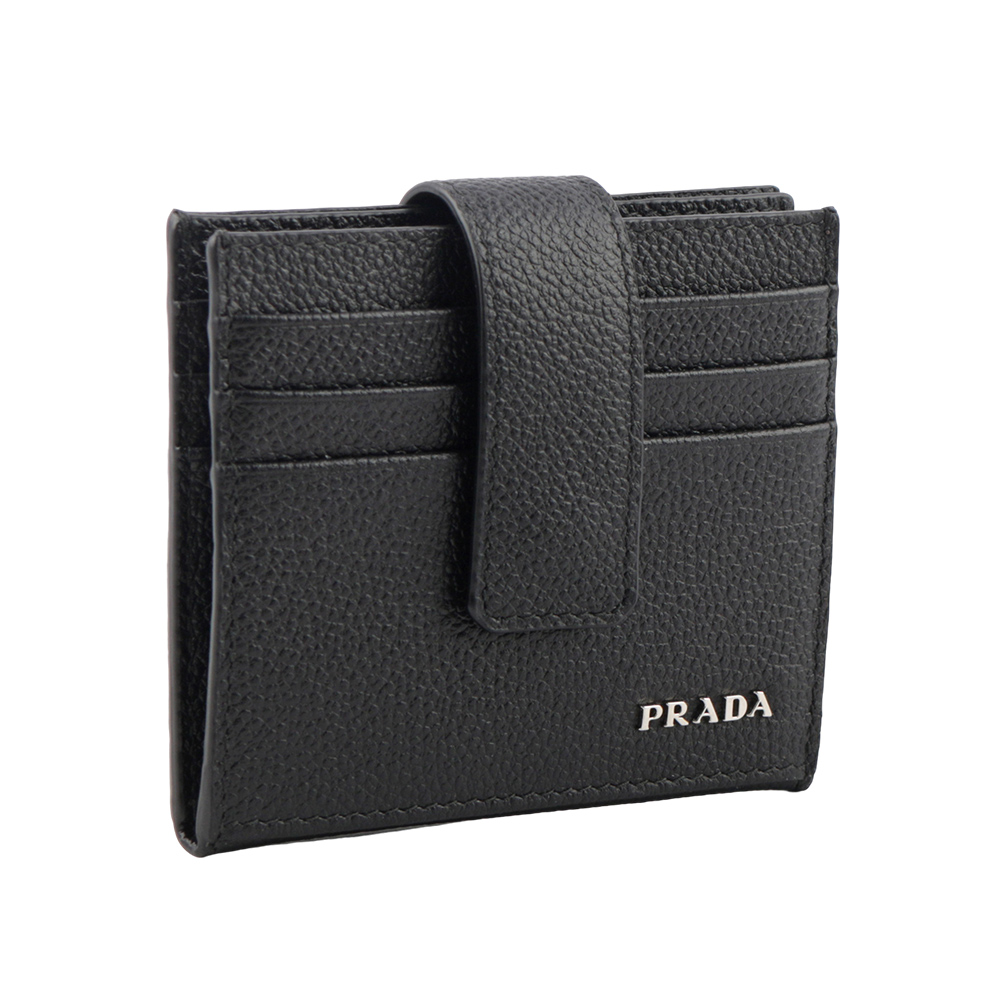 PRADA 銀字Logo 粒紋牛皮釦式二折卡片夾/名片夾/黑色, , large