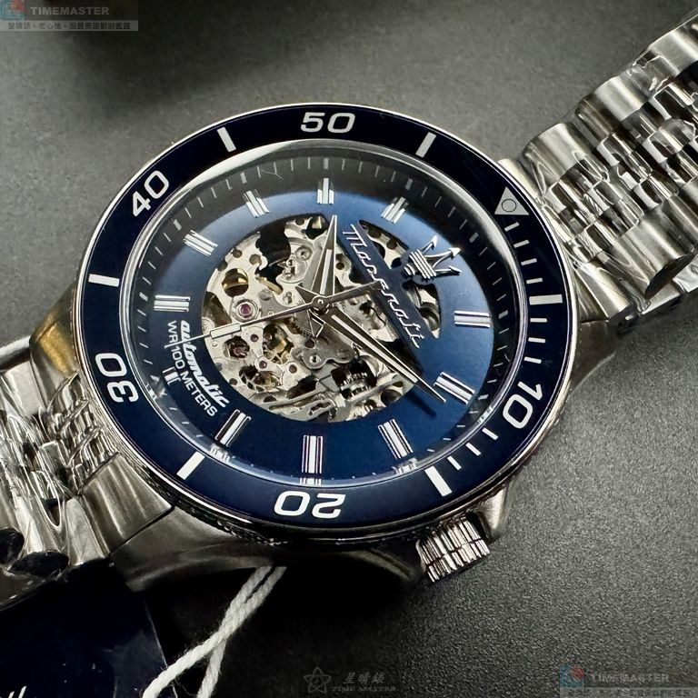 [星晴錶業]MASERATI手錶,44mm,R8823140011銀寶藍色雙面機械鏤空錶面寶藍錶殼銀色精鋼錶帶款, , large