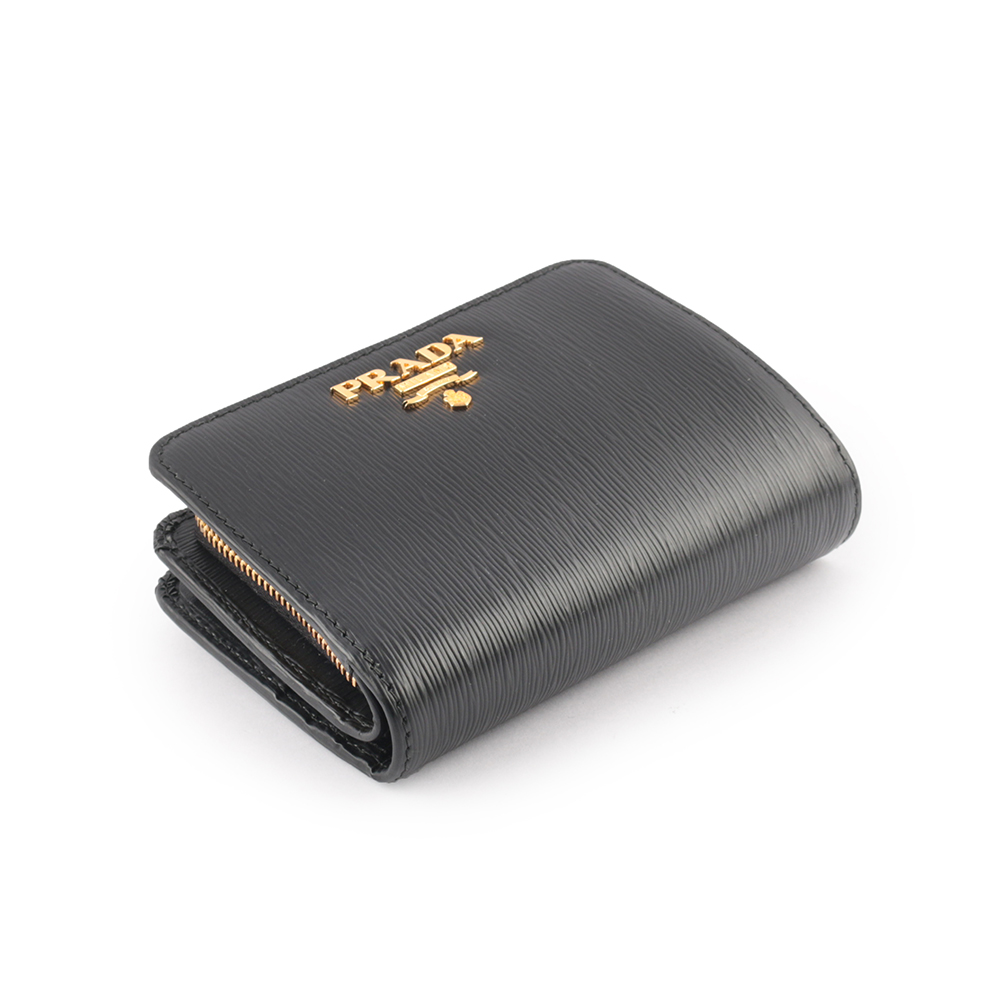 PRADA 浮雕Logo水波紋拉鍊釦式厚款零錢短夾/黑色, , large