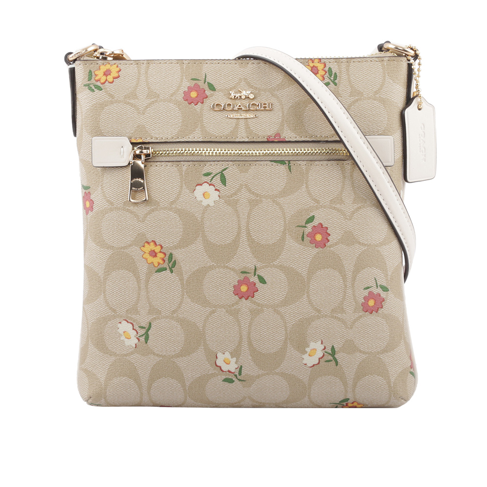 COACH Rowan 小花圖案拉鍊口袋迷你方形斜背包/淺卡其