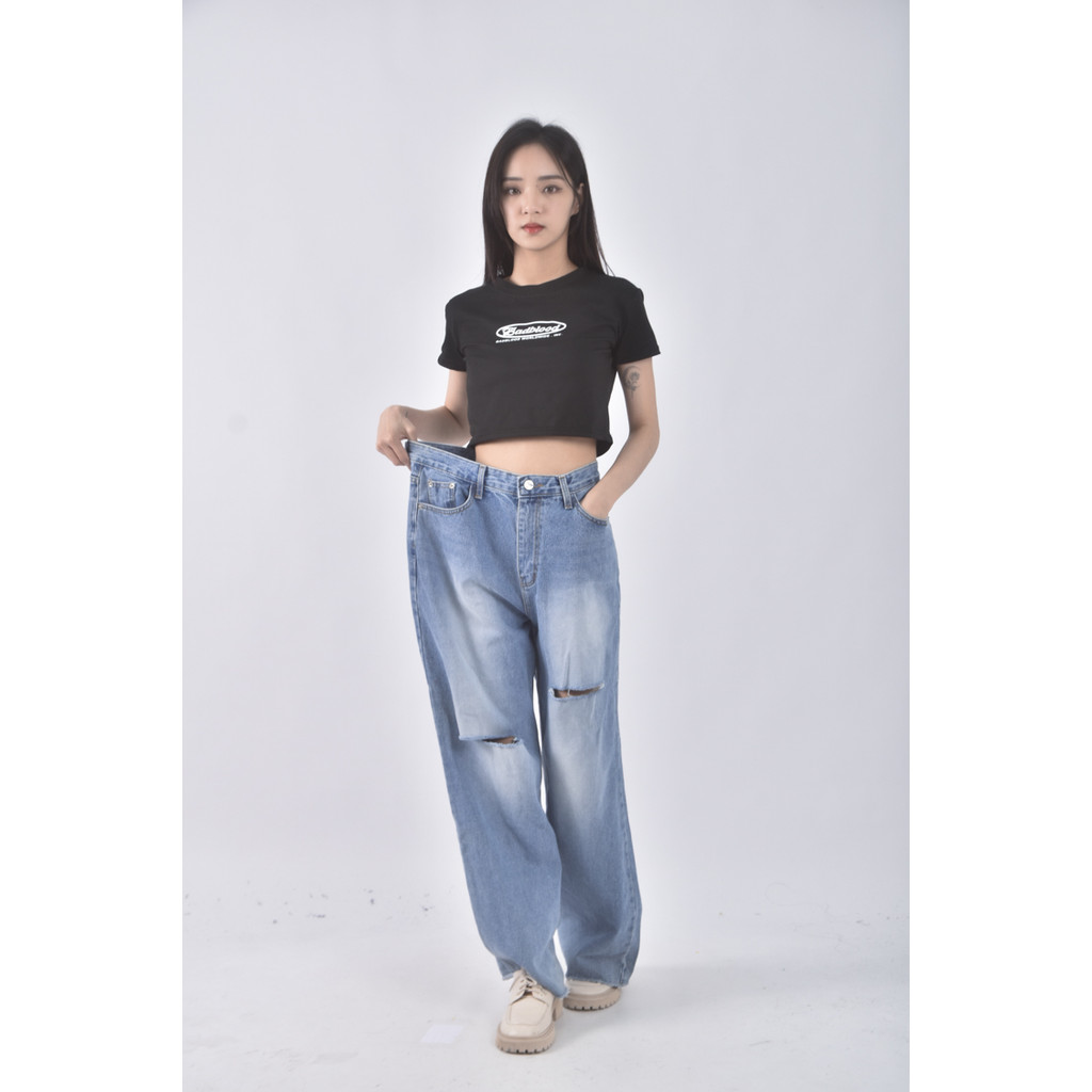 (M) aim高腰丹寧牛仔質感棉質藍色長褲二手衣