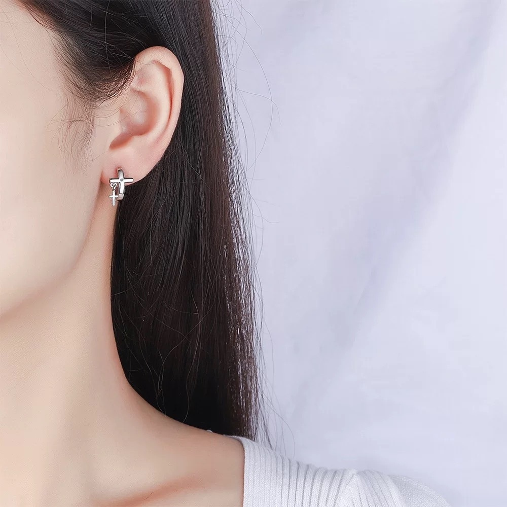 S925純銀雙十字架垂墜耳扣款耳環  附馬卡收納盒, , large