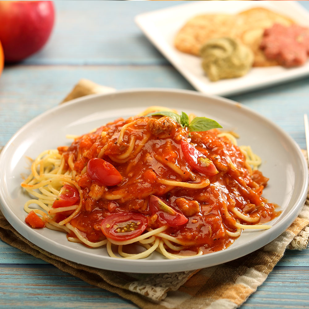 Pasta with tomato meat sauce, , large