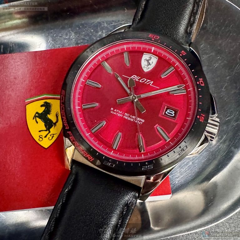 [星晴錶業]FERRARI手錶,46mm,FE00081紅色錶面銀錶殼深黑色真皮皮革錶帶款, , large