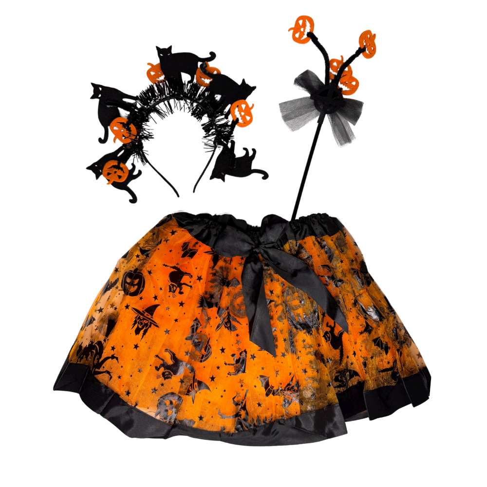 摩達客萬聖★cosplay派對裝扮變裝★兒童黑橘南瓜小精靈三件組合(裙子/髮箍/手杖), , large