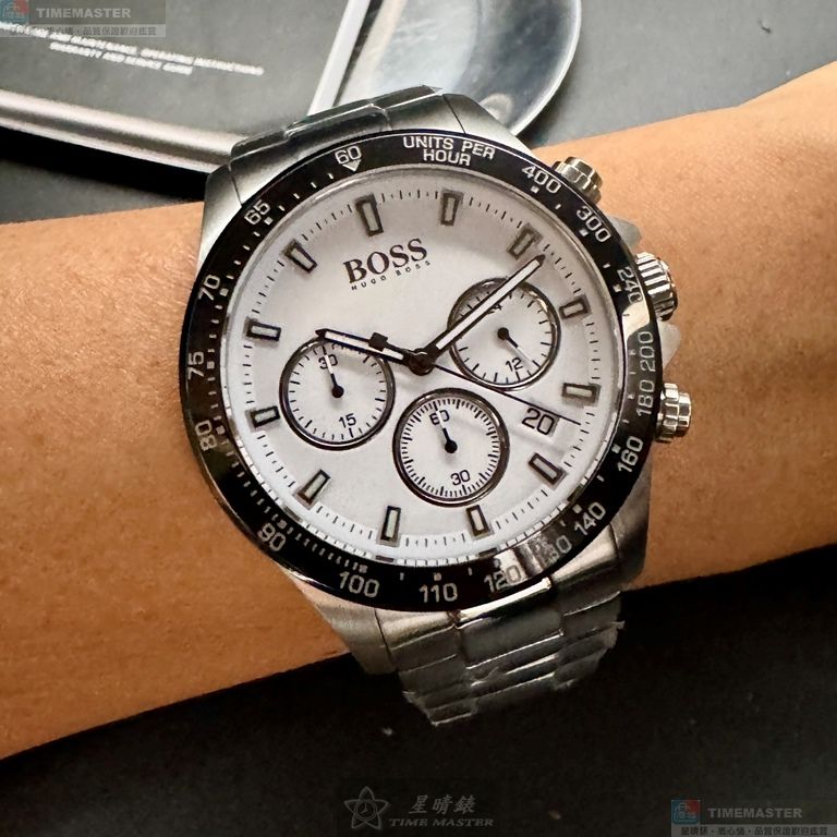 [星晴錶業]BOSS手錶,44mm,HB1513875白色錶面銀錶殼銀色精鋼錶帶款, , large