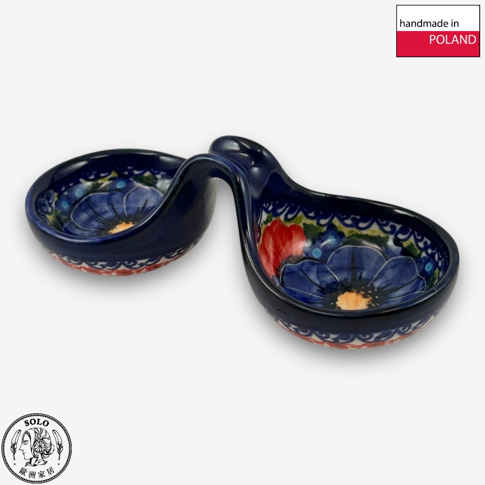 【SOLO Vintage】Cerraf Polish Pottery 14cm Divided Bowl / Small Sauce Bowl Red and Blue Blossoming Elegance Series Made in Poland, , large